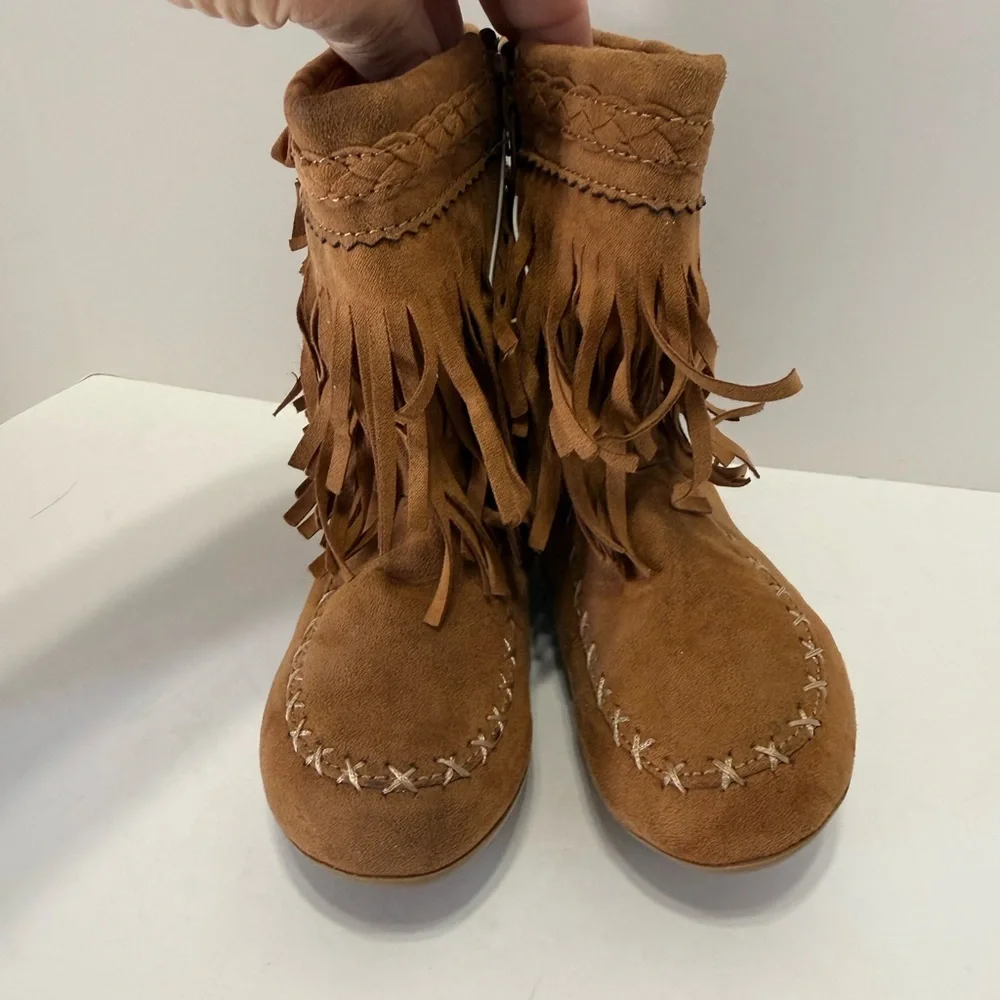 Rampage Girls Tan Double Fringe Suede Boots Bow and Bead Details. Side Zipper